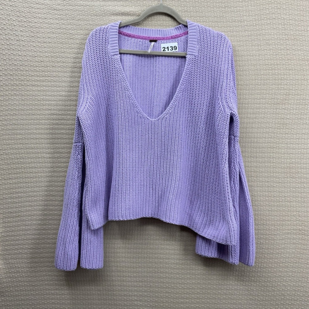 FREE PEOPLE Purple Lilac Women's XL Bell Sleeve Cotton V-neck Sweater NWOT - Picture 8 of 12